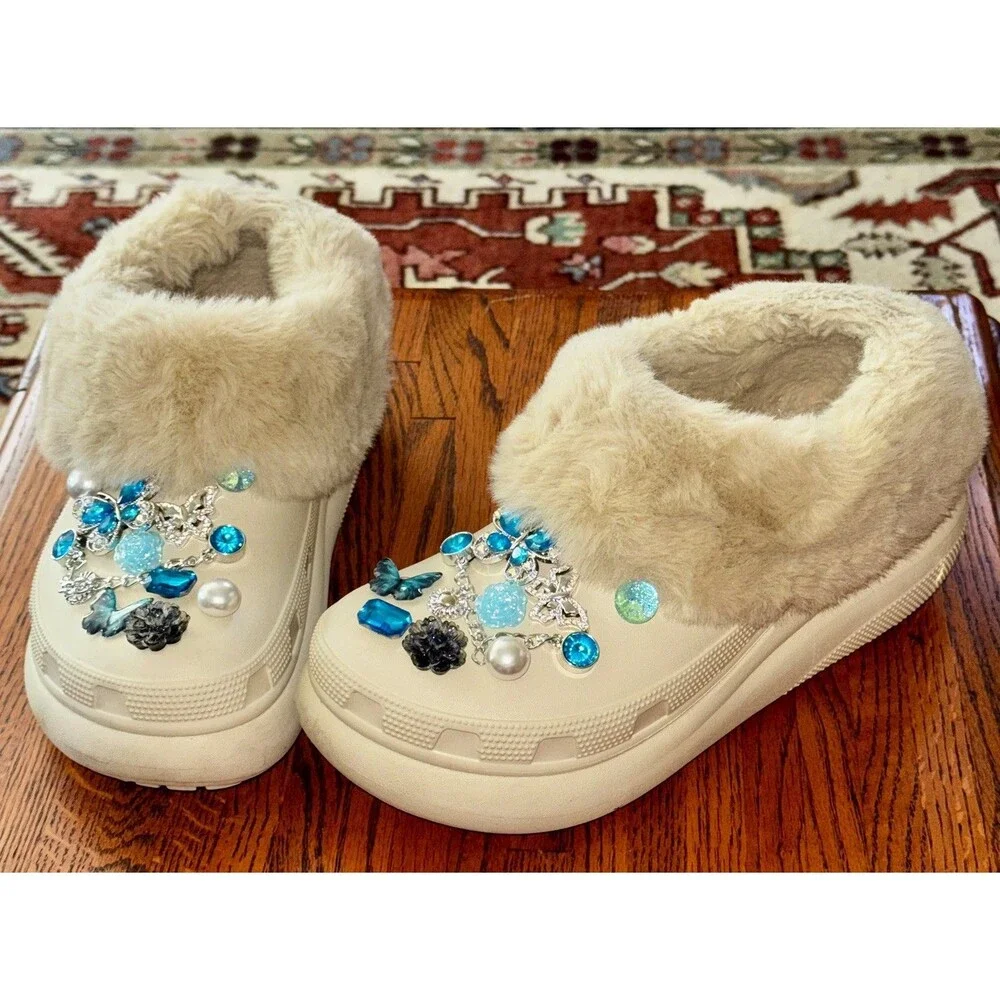 Bling Fur Crocs embellished jibbitz Platform Clog In Ivory W8